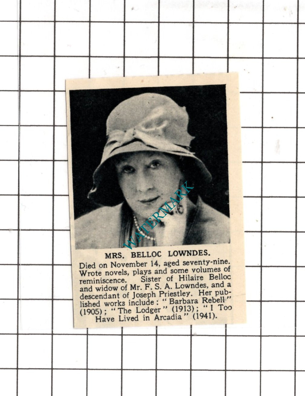 Mrs Belloc Lowndes Obituary - 1947 SMALL News Cutting