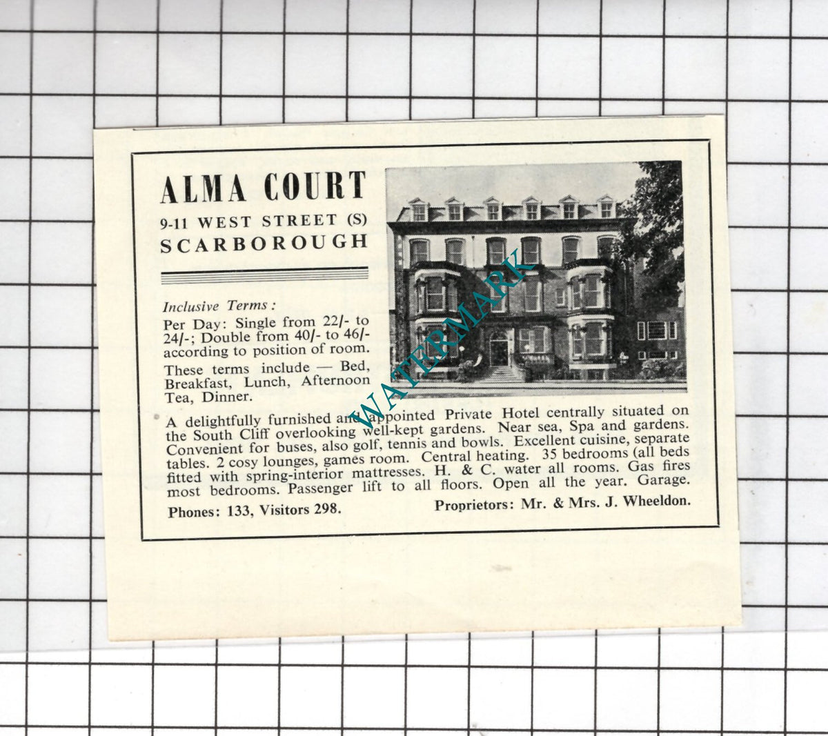 Alma Court Hotel Scarborough Yorkshire Wheeldon - 1954 SMALL Advert