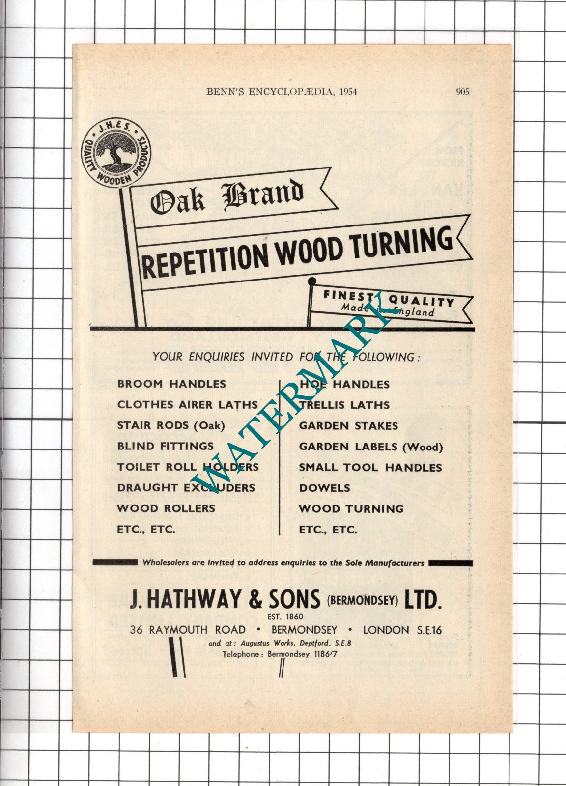 J Hathaway & Sons Bermondsey Ltd  / Staveley Woodturning Co Ltd - 1954 Advert