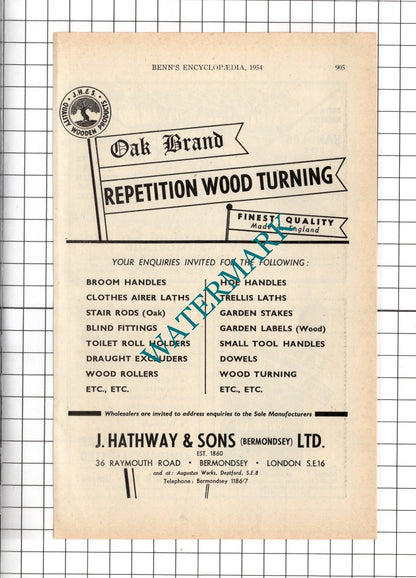 J Hathaway & Sons Bermondsey Ltd  / Staveley Woodturning Co Ltd - 1954 Advert