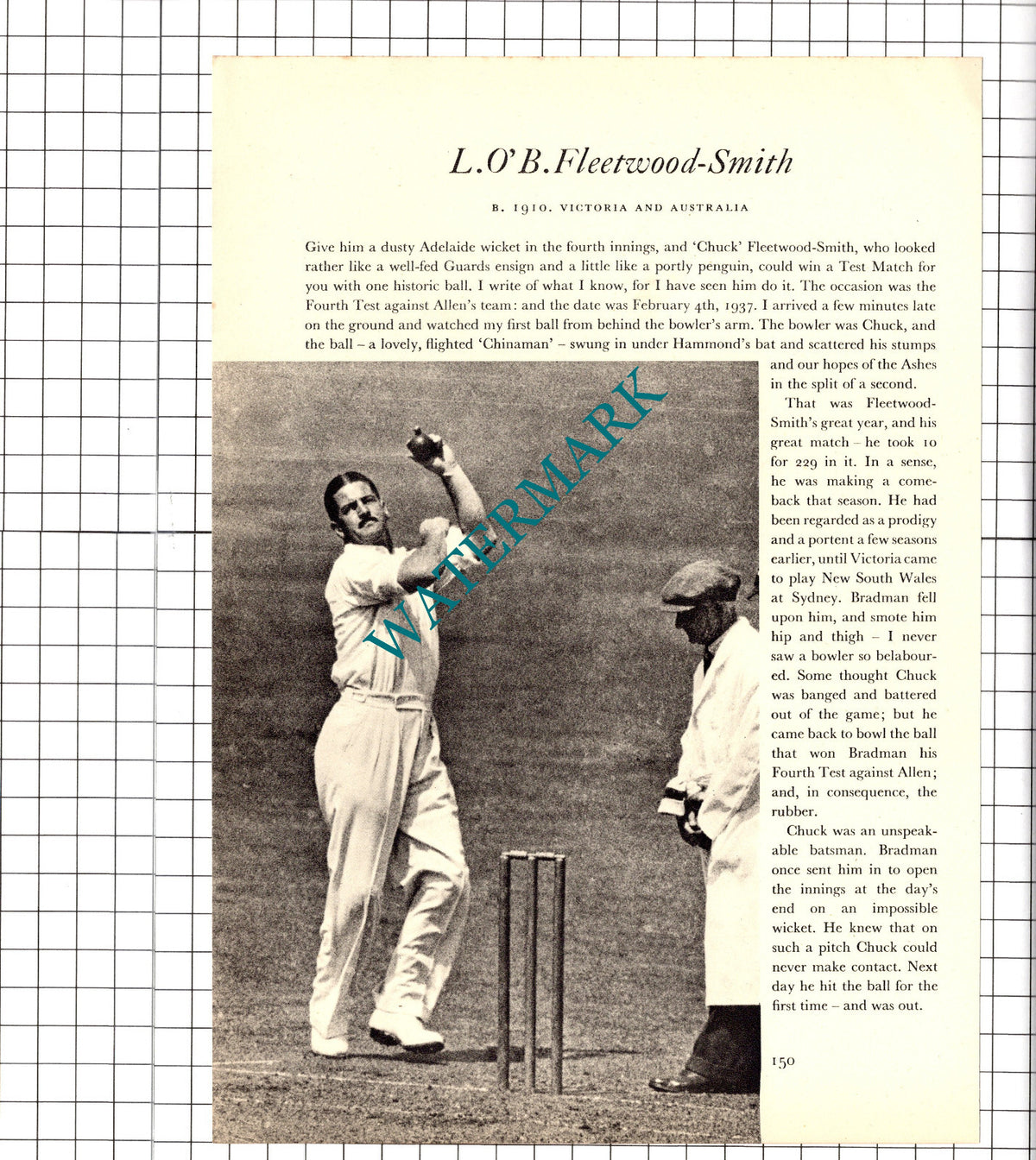 L O'B Fleetwood-Smith Cricketer / Nawab of Pataudi Cricket - 1952 Book Print
