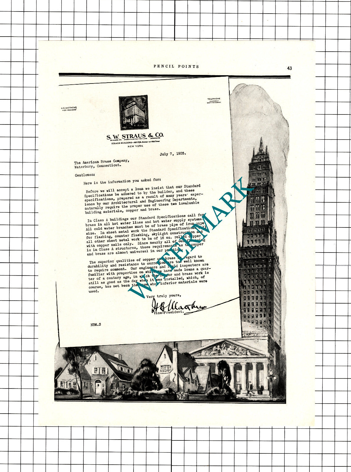 S W Straus & Co New York H B Matthews American Brass Advert  - 1926 Clipping