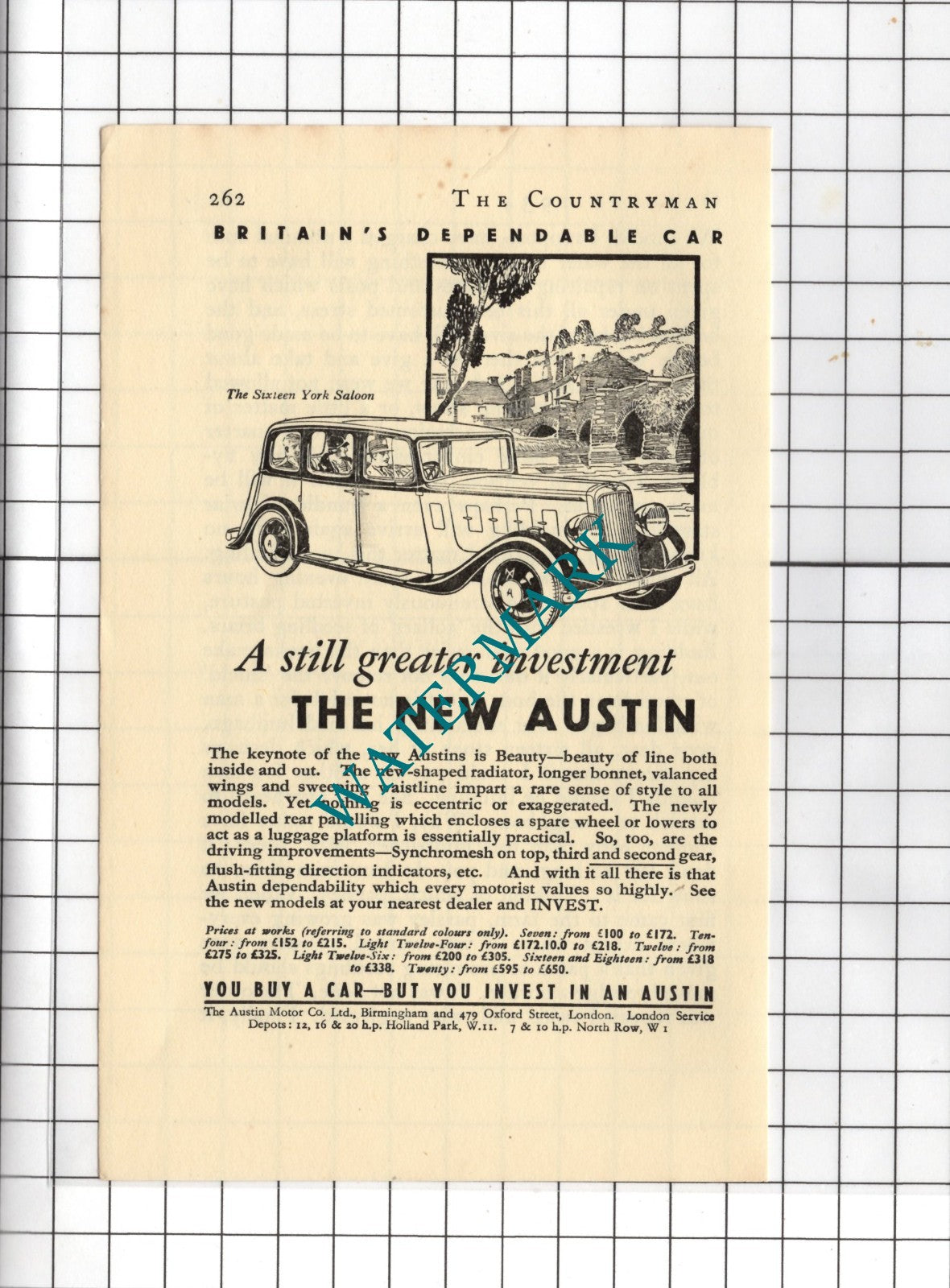 Austin Car Sixteen York Saloon - 1934 Small Advert