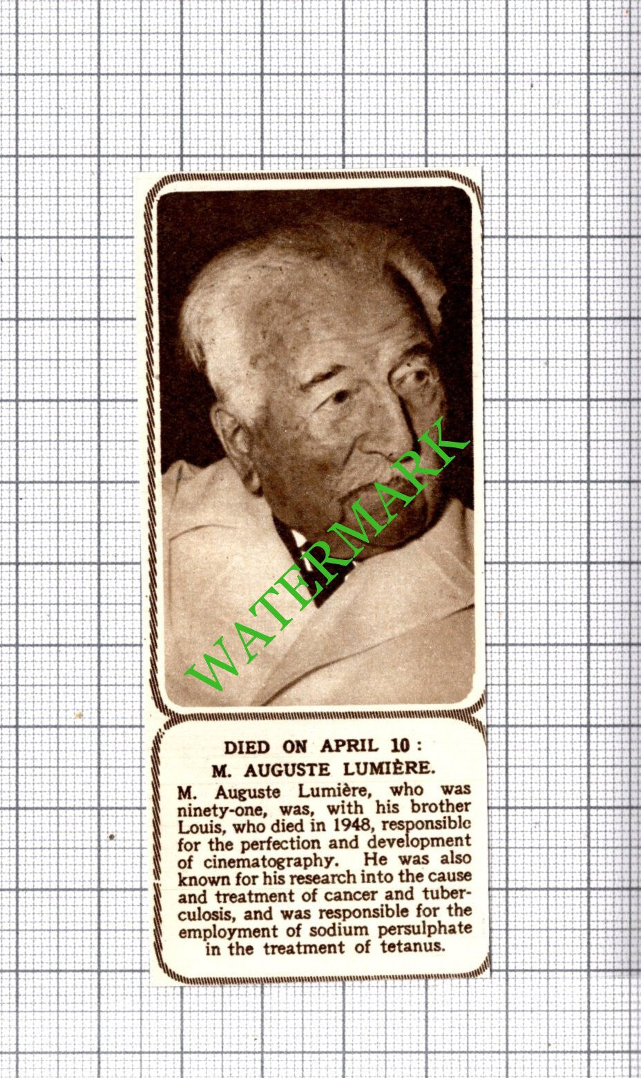 Auguste Lumiere Obituary   -1954 SMALL Cutting