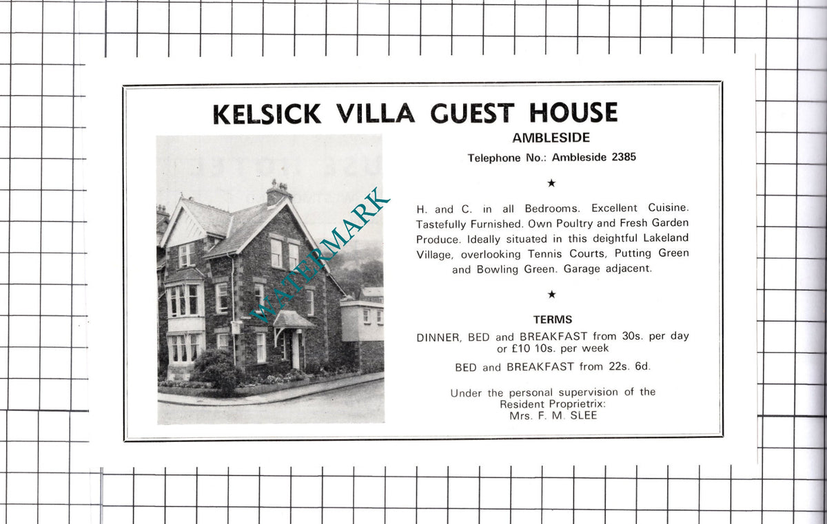 Kelsick Villa Guest House Ambleside Mrs FM Slee Advert - c.1968 Cutting