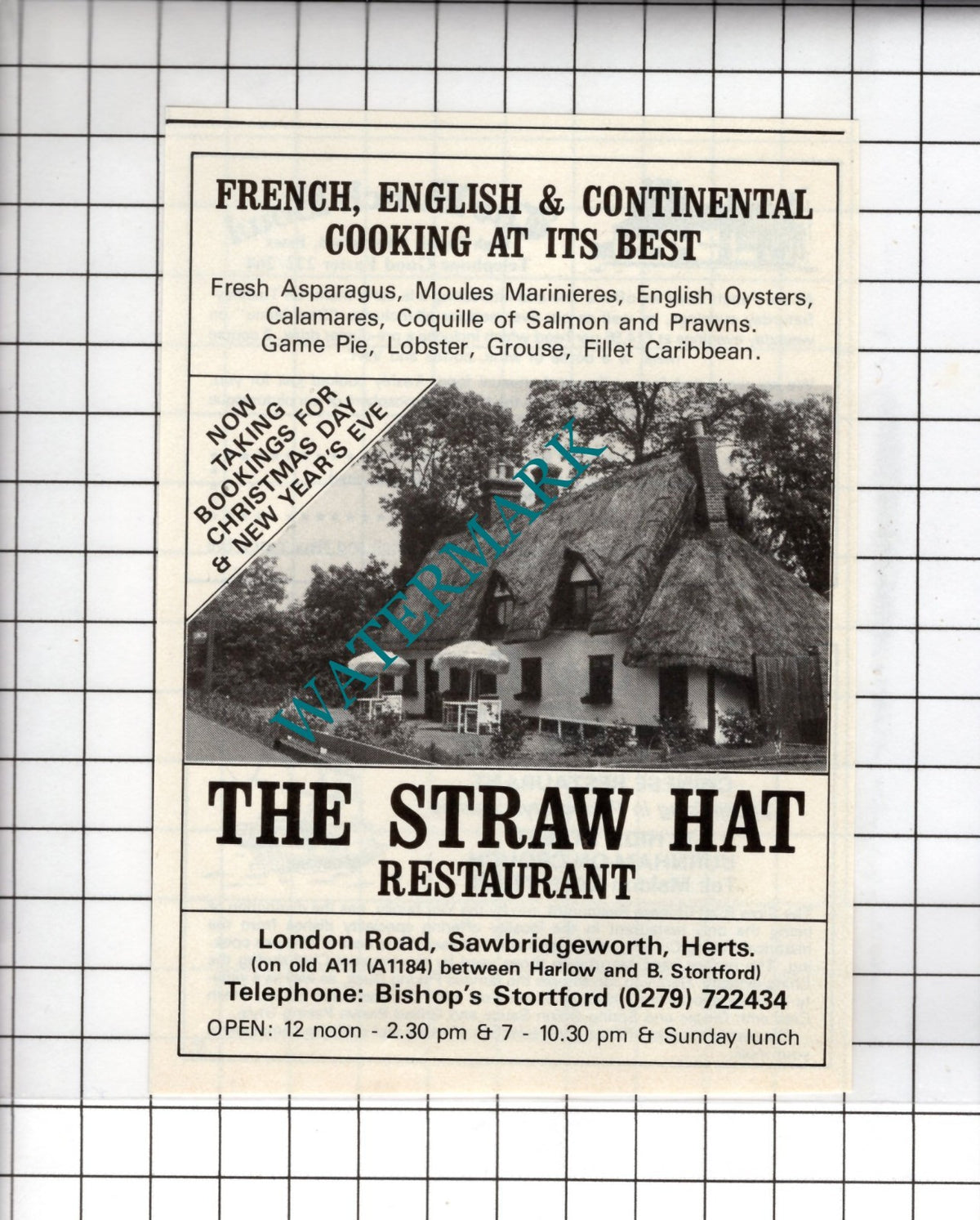 The Straw Hat Restaurant Sawbridgeworth Hertfordshire  - 1984 Small Advert