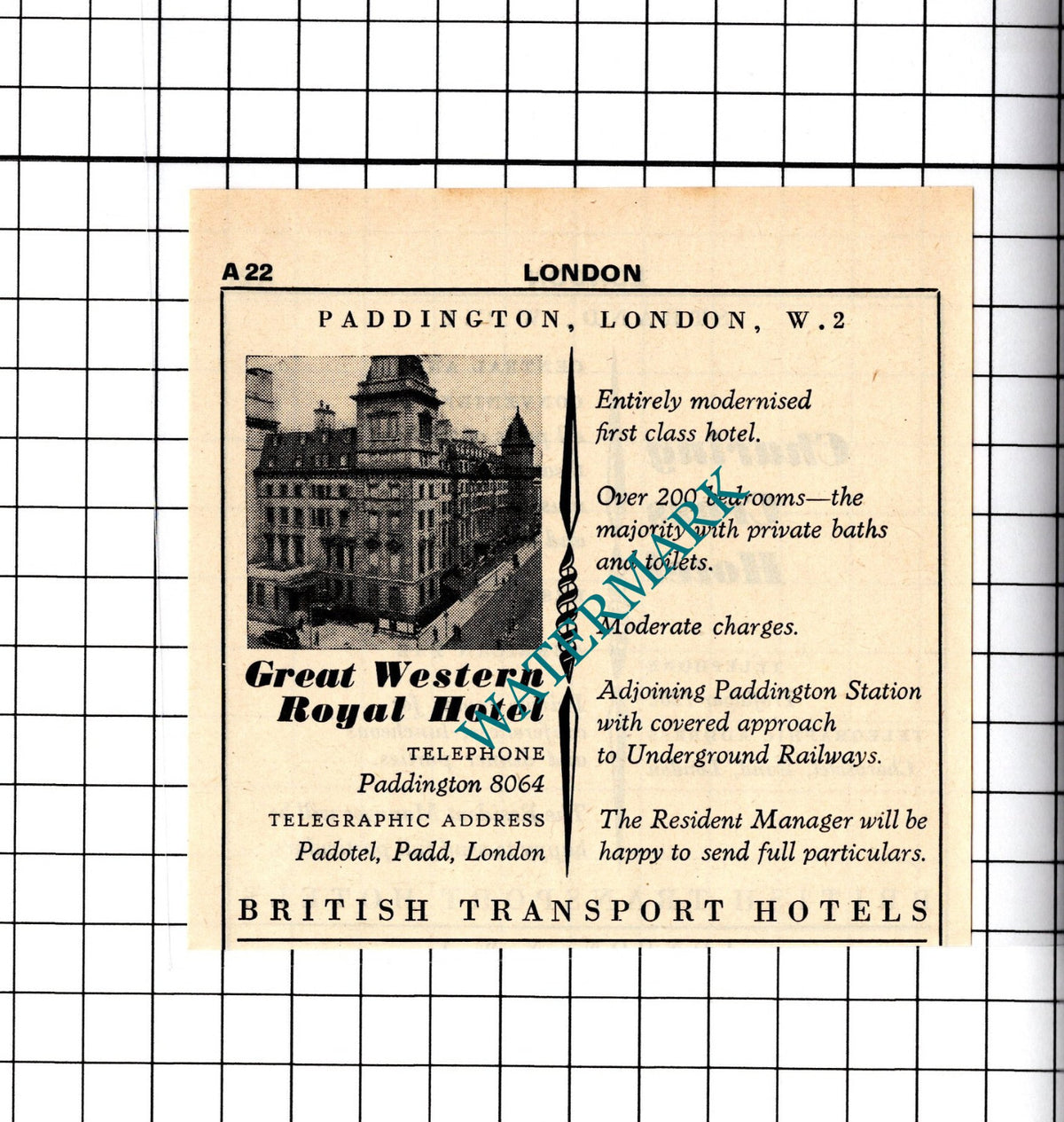 Great Western Royal Hotel Paddington London Small Advert - 1958 Cutting / Print