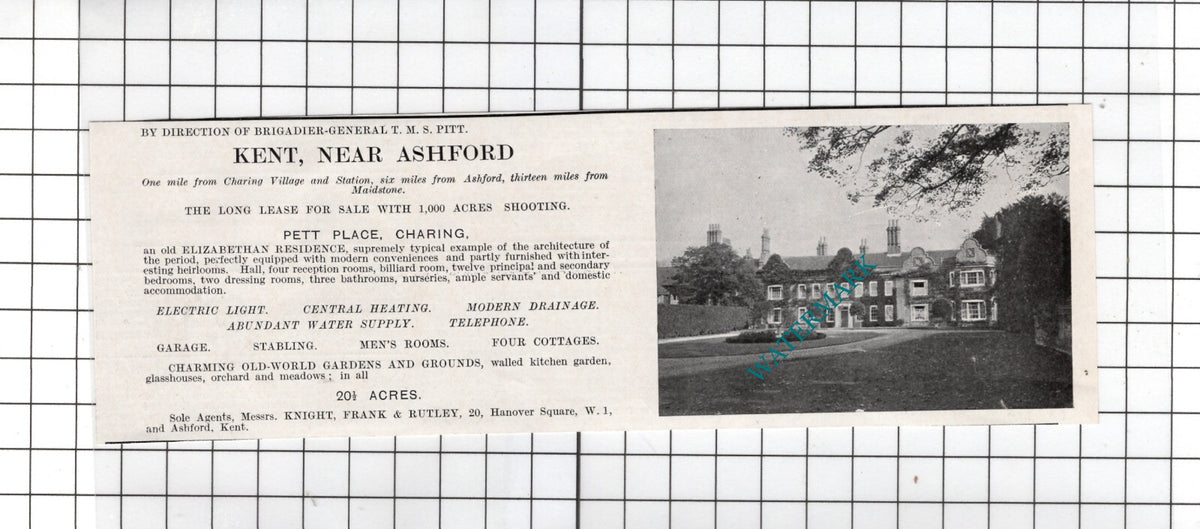 Pett Place Charing Kent Brigadier General TMS Pitt -  1927  House Sale Advert