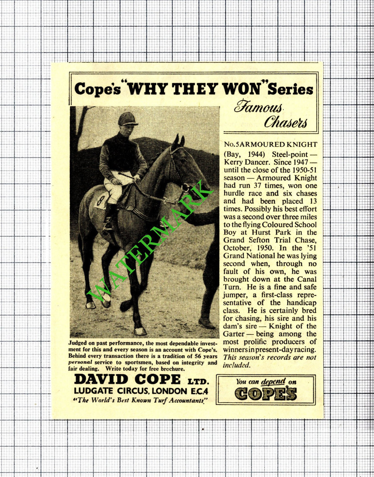 Armoured Knight Horse David Cope Ltd SMALL ADVERT   - 1951 Cutting