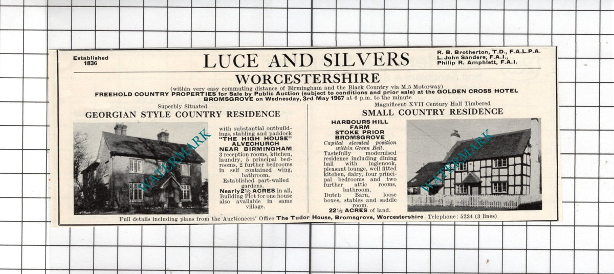 The High House Alvechurch Harbours Hill Farm Stoke Prior House Advert - 1967