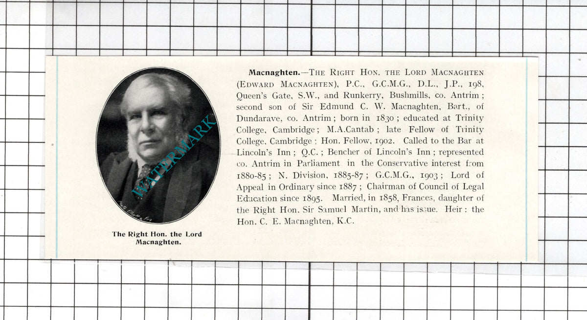 Lord Macnaghten Edward Macnaghten Runkerry Bushmills Antrim  - 1905 Clipping