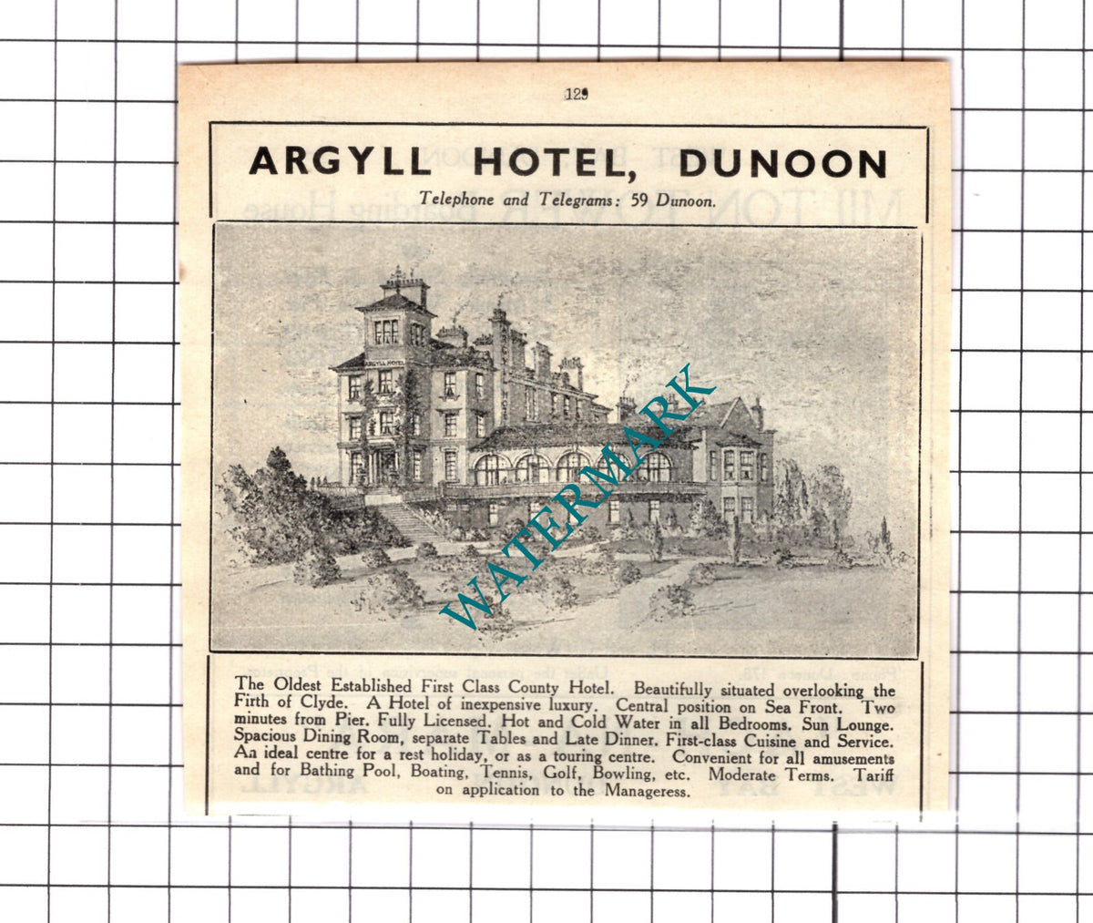 Argyll Hotel Dunoon / Milton Tower Boarding House Small Advert-  1939 Cutting
