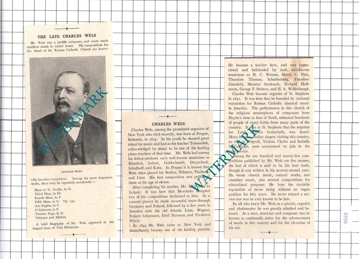 Charles Wels Composer Organist Obituary -  1906 Three-Part Clipping