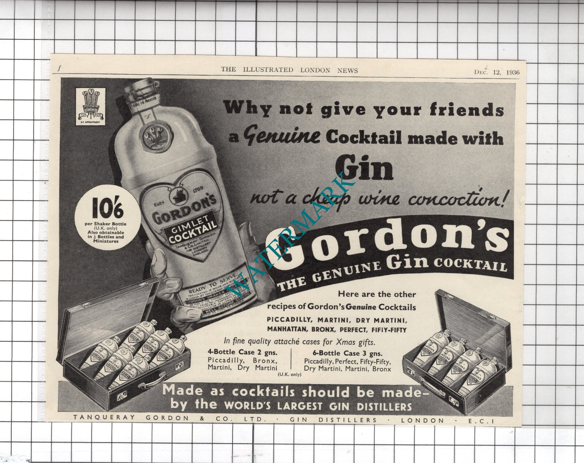 Gordon's Gin Advert Tanquery Gordon & Co Ltd  - 1936  Clipping
