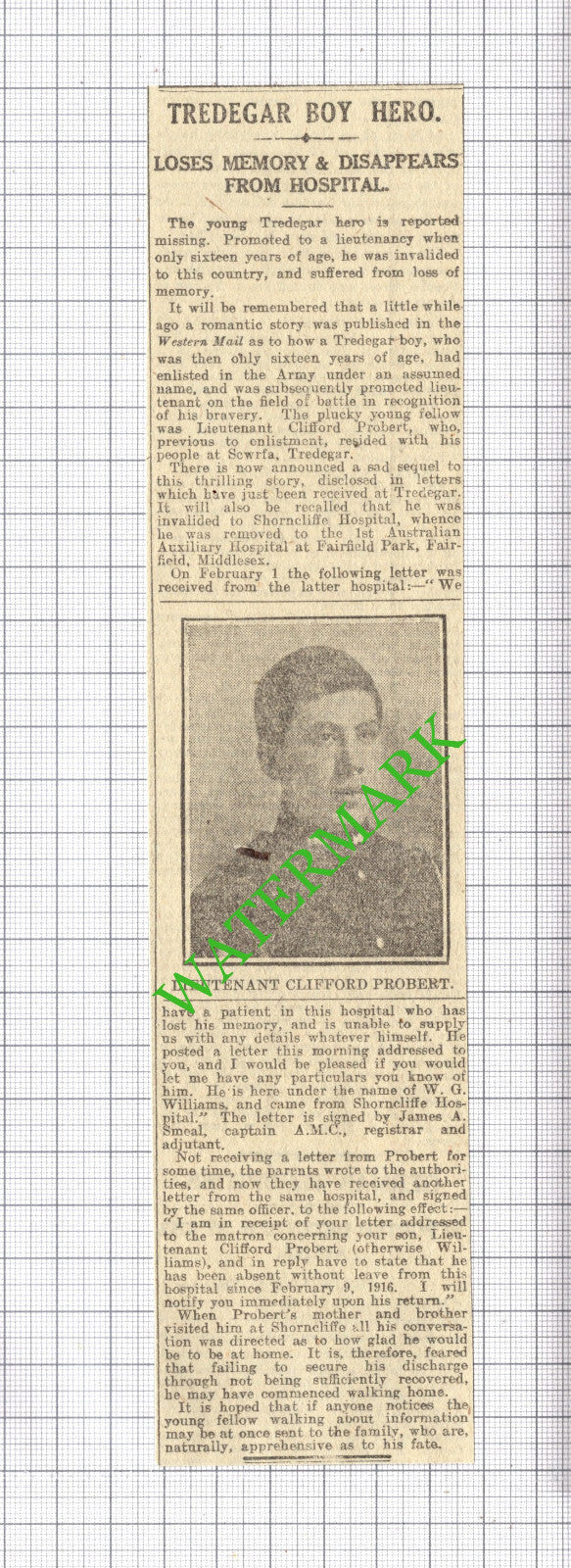 Lt Clifford Probert Tredegar Wales Shorncliffe Hospital WG Williams 1916 Cutting
