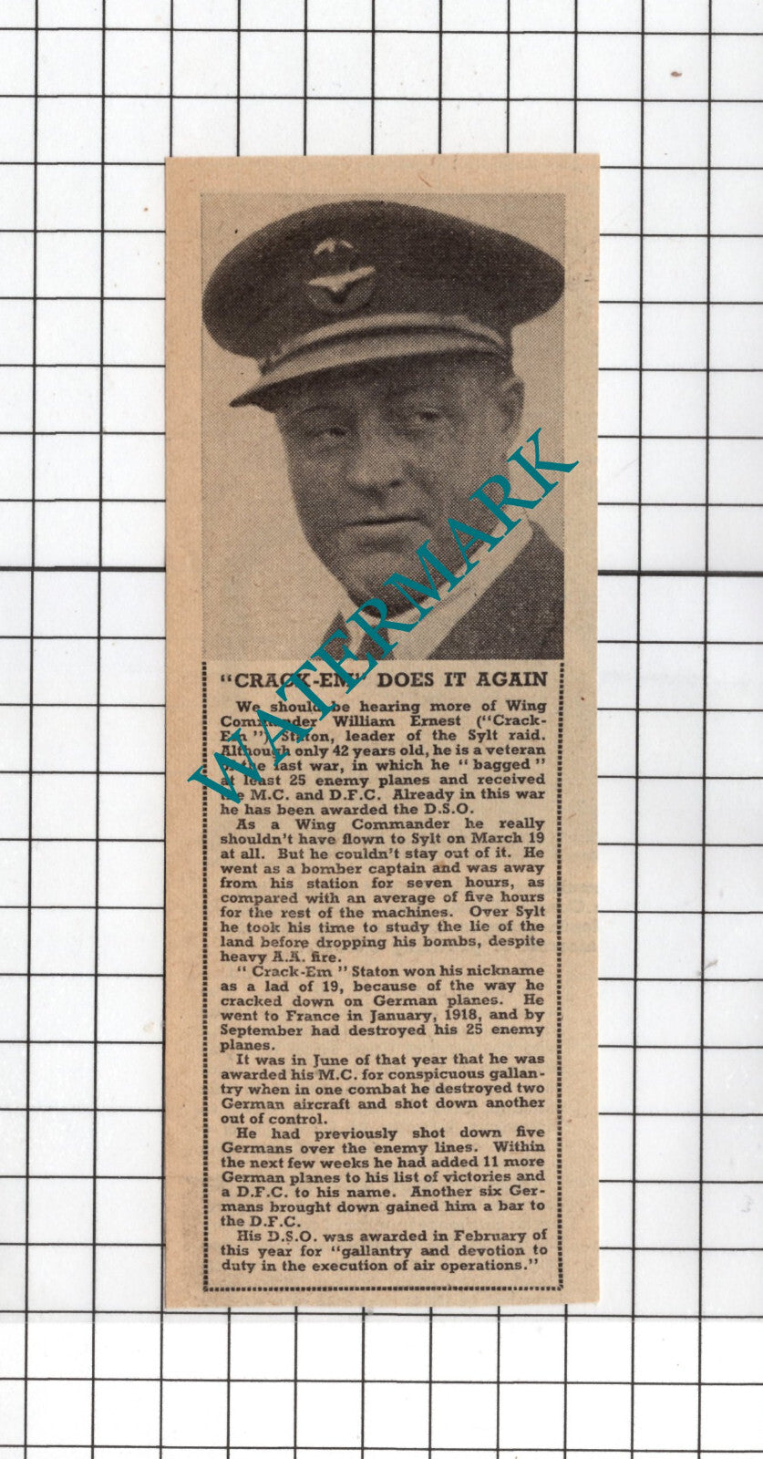 Wing Commander William Ernest Staton Crack-em Staton  WW2  - 1940 Small Clipping