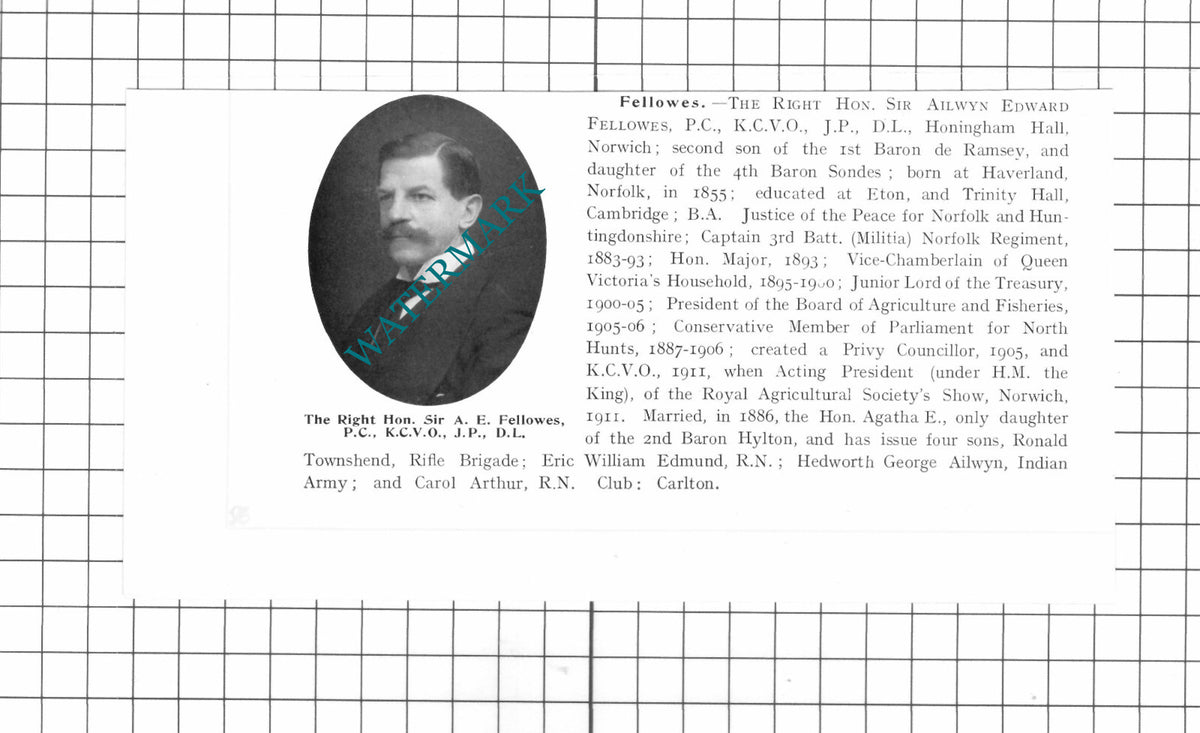 Sir Alwyn Edward Fellowes Honingham Hall Norwich - 1911 Clipping