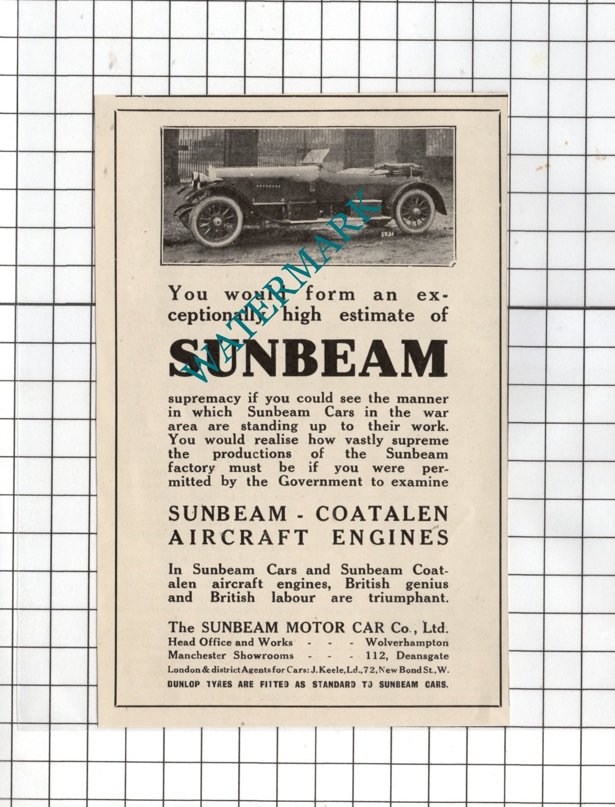 The Sunbeam Motor Car Co Ltd Small Advert - 1916