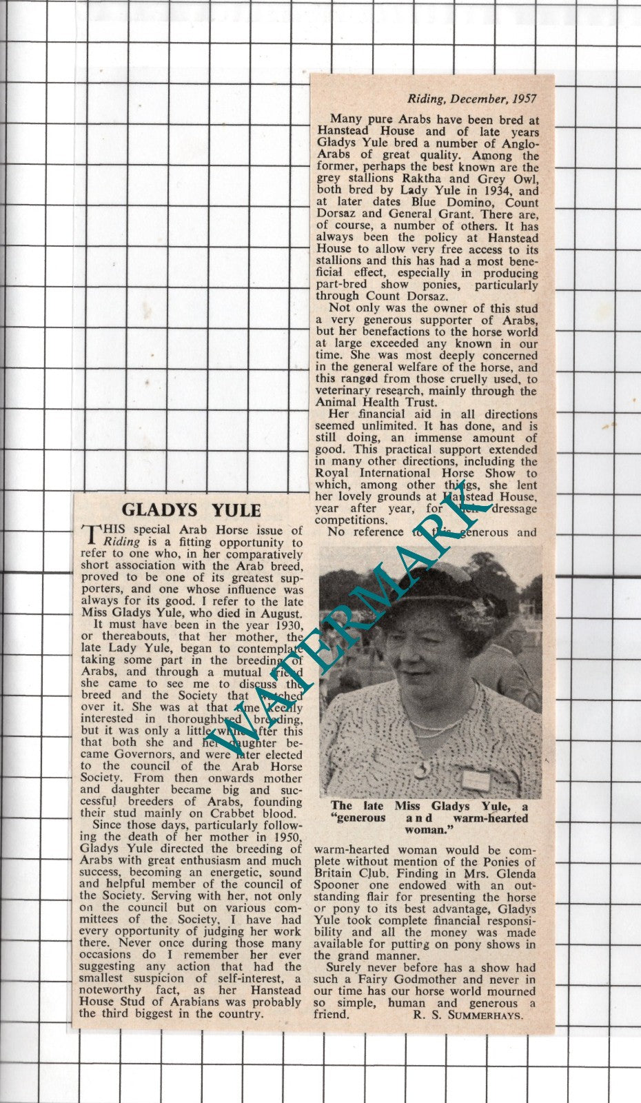 Miss Gladys Yule Hanstead House Horse Breeder - 1957 Clipping