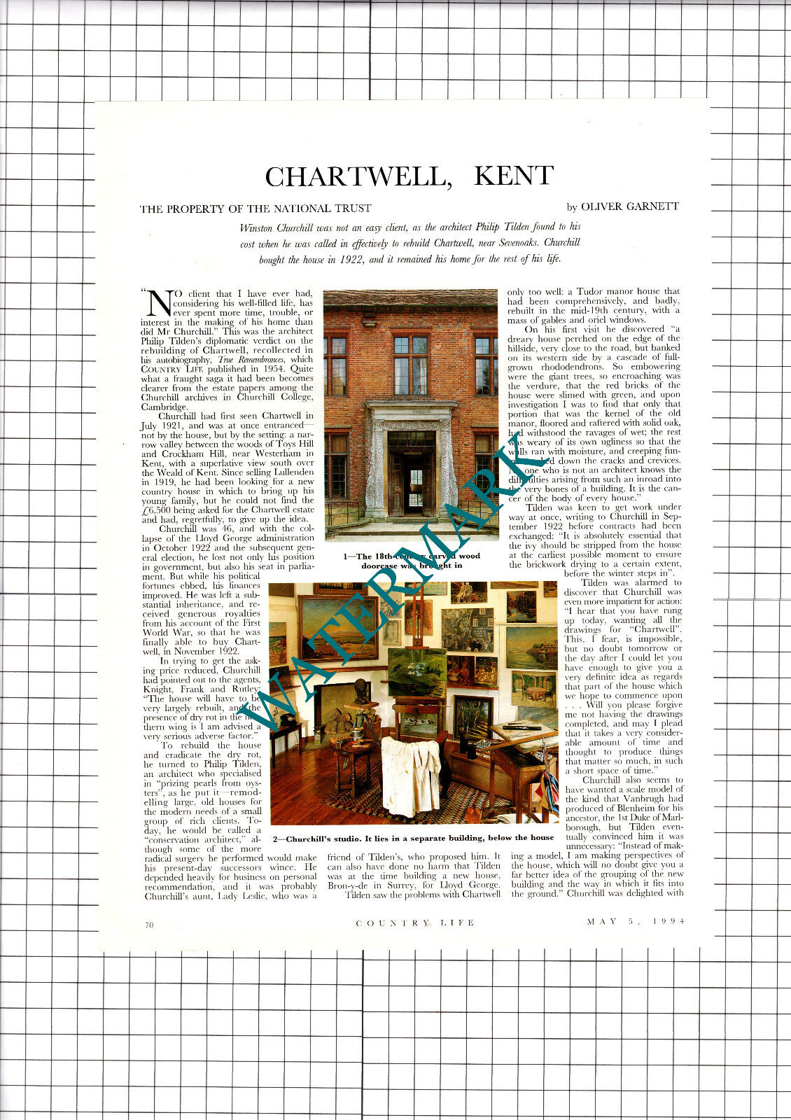 Philip Tilden  Architect Chartwell Kent  Winston Churchill  -1994 Article