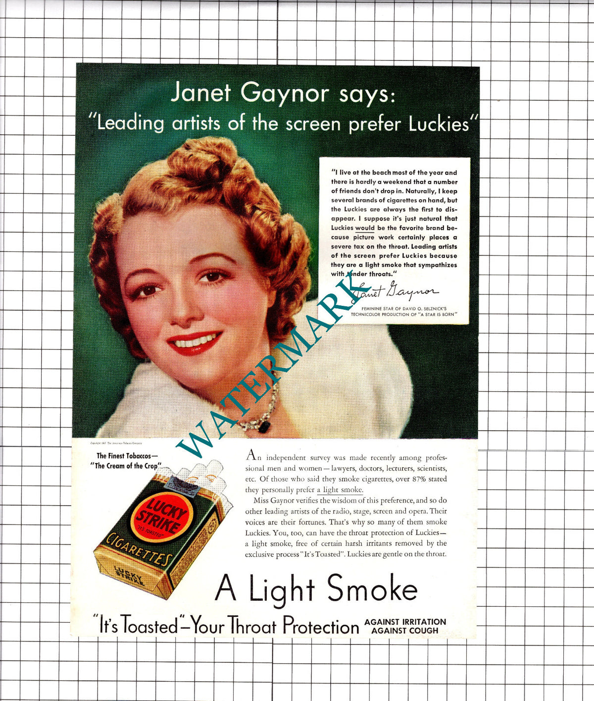 Janet Gaynor Lucky Strike Cigarettes ADVERT  - 1937 Clipping / Print