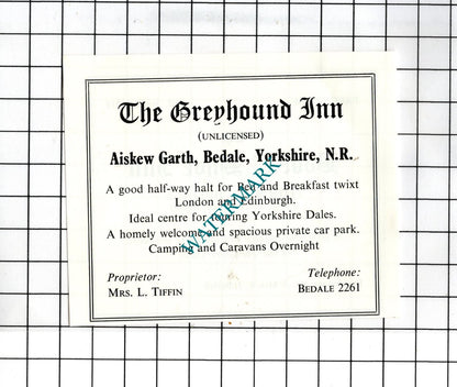 The Boot & Shoe Inn Thirn Yorkshire  / Greyhound Inn Bedale -c.1968 Small Advert