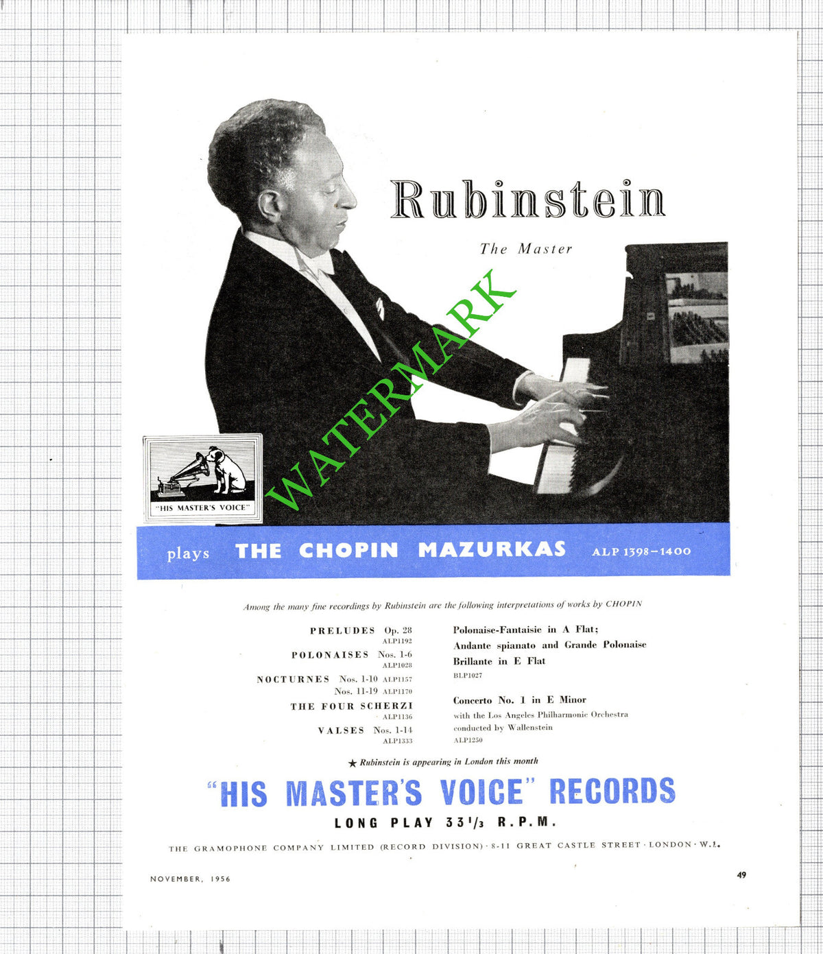 Mario Lanza / Rubinstein Advert - 1956 Cutting