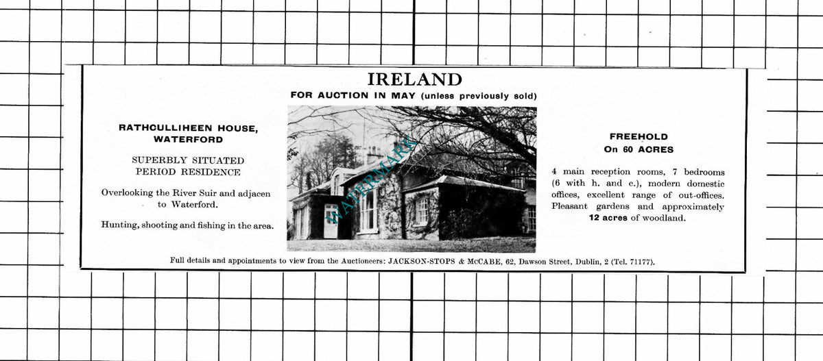 Rathculliheen House Waterford Ireland House Sale Advert - 1966 Clipping / Print