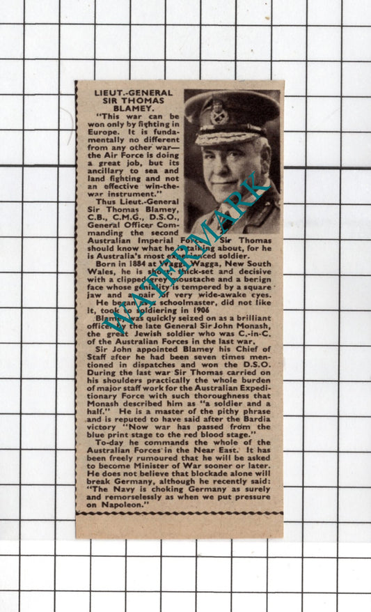 Lt Gen Sir Thomas Blamey World War Two WW2  - c.1940 SMALL Clipping
