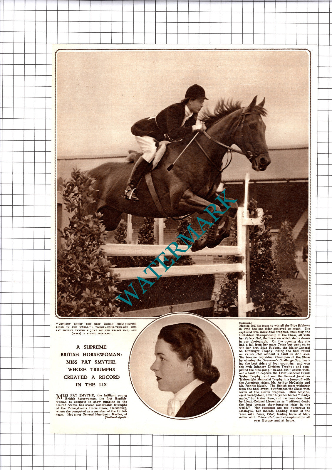 Miss Pat Smythe Horsewoman Show Jumping Horse  - 1953 Cutting / Print