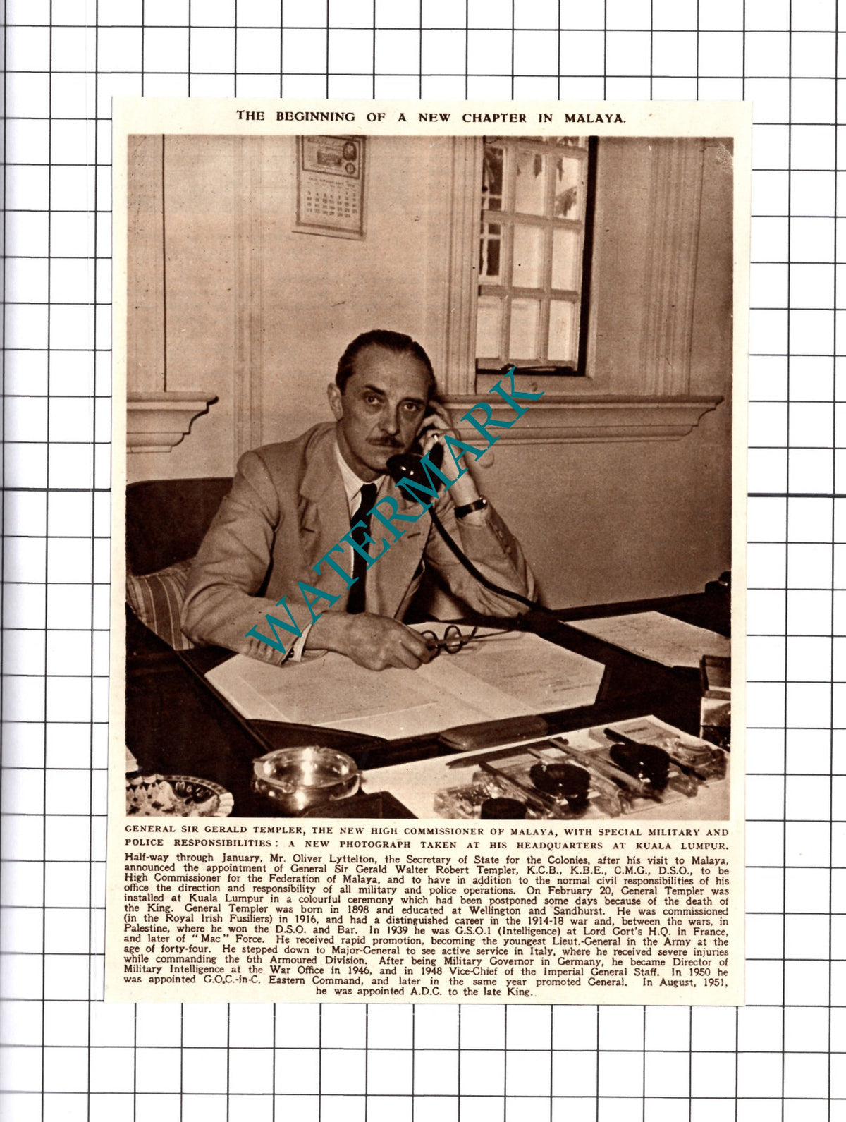 General Sir Gerald Walter  Robert Templer  Malaya - 1961  Cutting