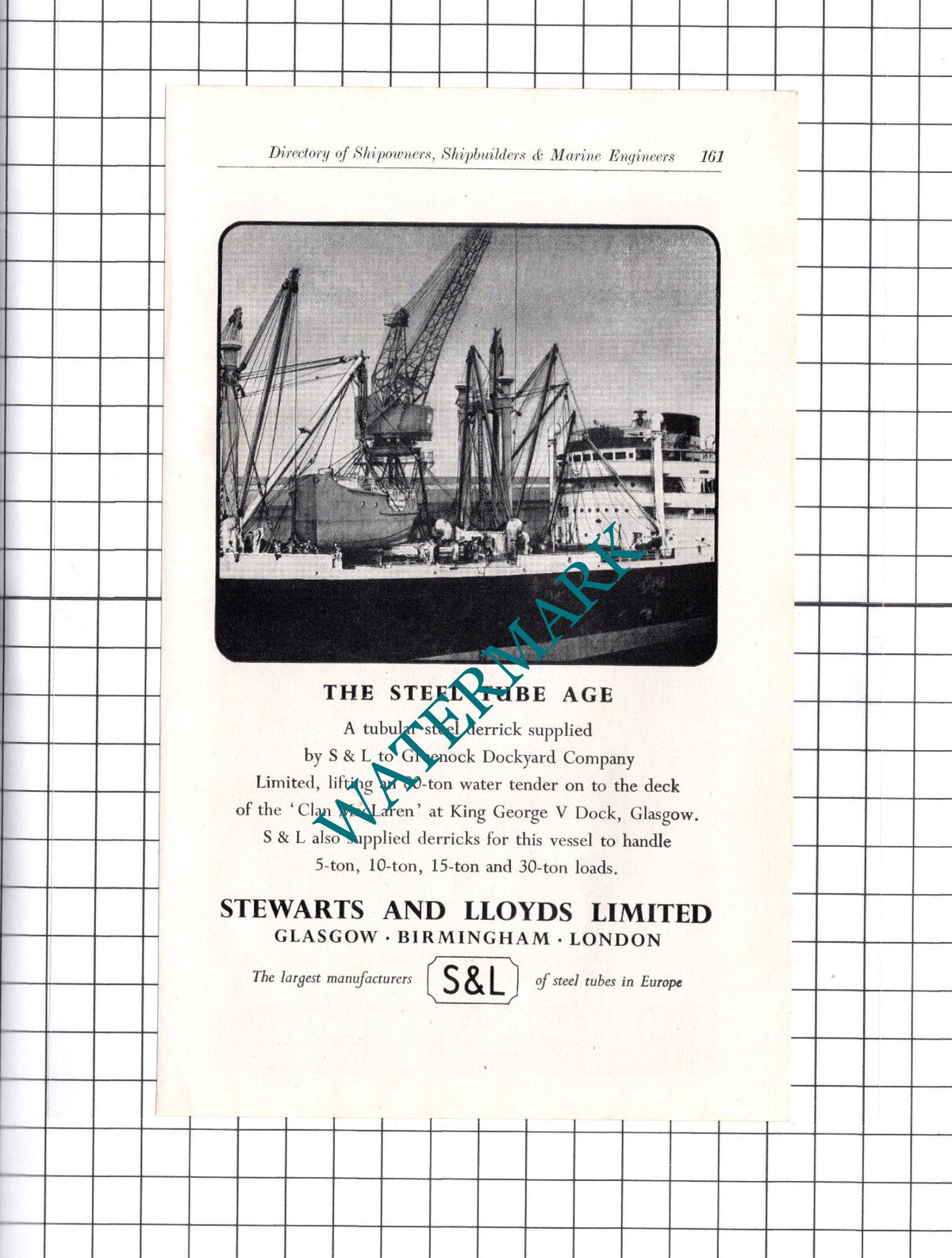 Stewarts and Lloyds Ltd Clan MacLaren Ship  ADVERT   - c.1957