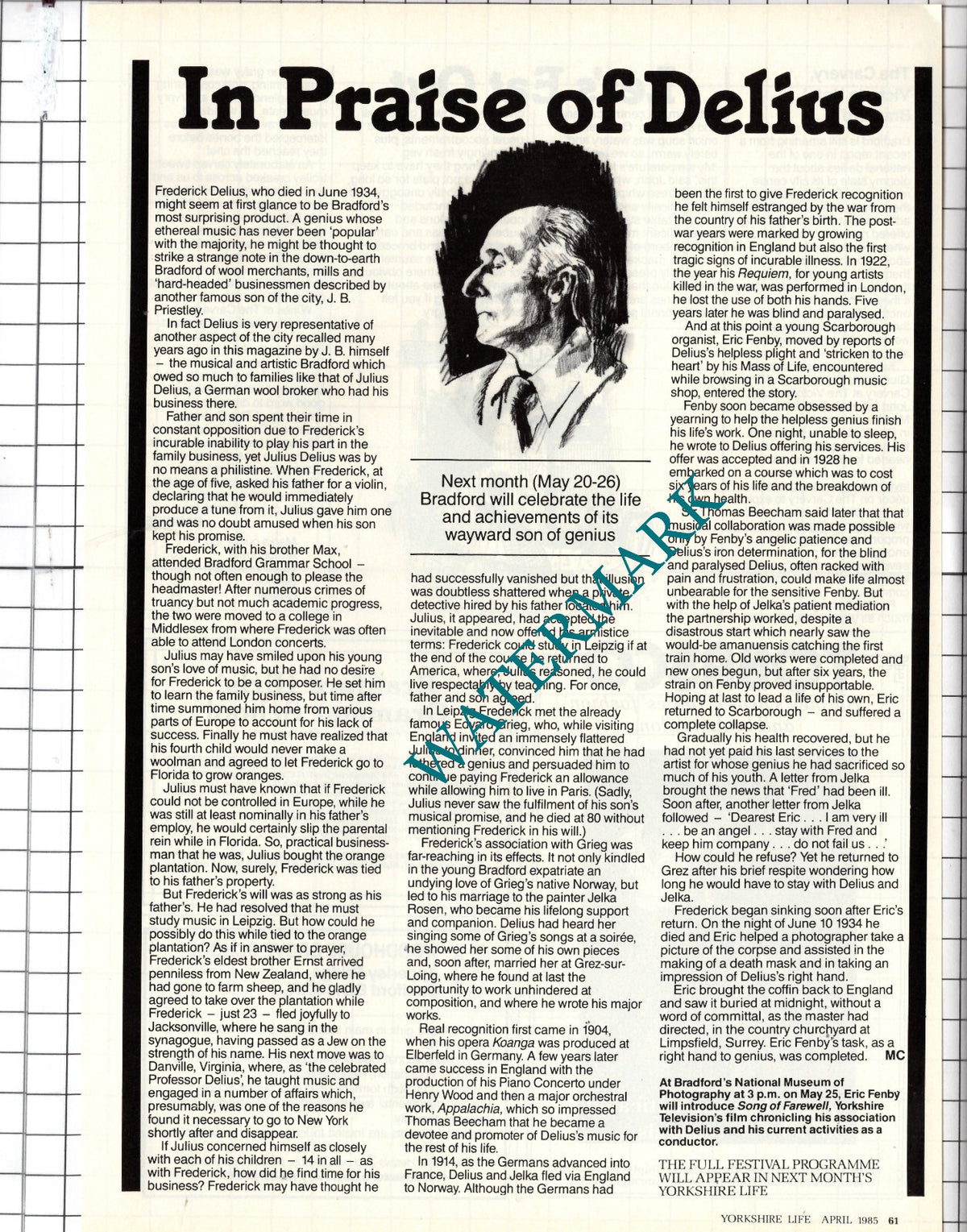 Frederick Delius Composer Bradford Yorkshire  - 1985 Article