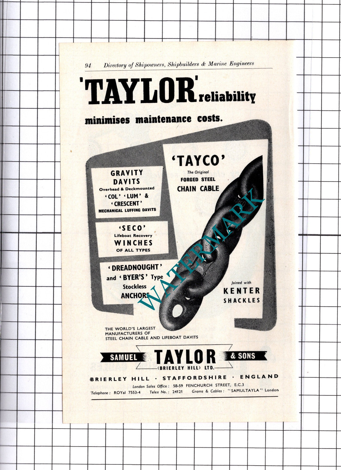 Bicc Ship Wiring Cables London / Samuel Taylor & Sons Brierley ADVERT - c.1957