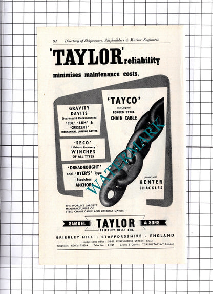 Bicc Ship Wiring Cables London / Samuel Taylor & Sons Brierley ADVERT - c.1957