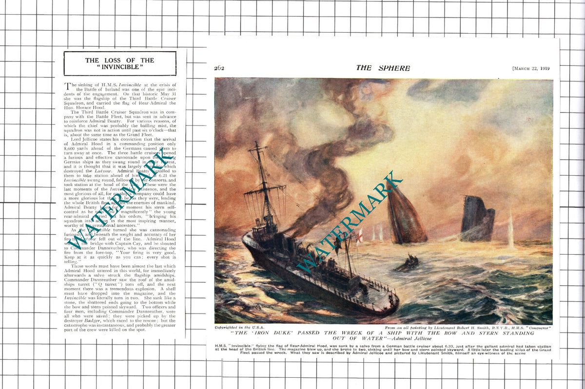 HMS INVINCIBLE Ship Great War  WW1 - 1919 Two-Part Cutting