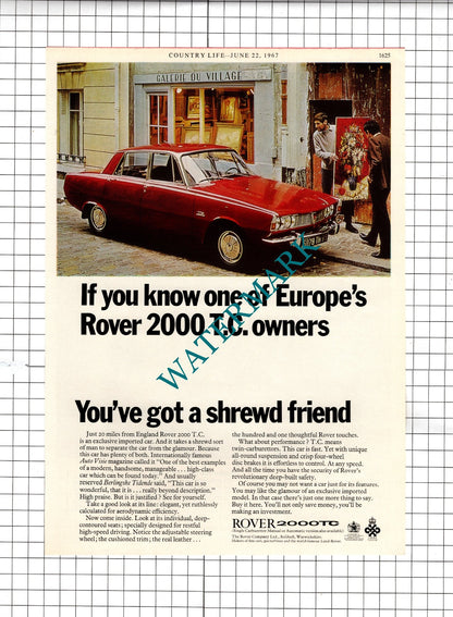 Rover 2000 TC Car Advert  / Asprey & Co Piaget Watches - 1967 Advert