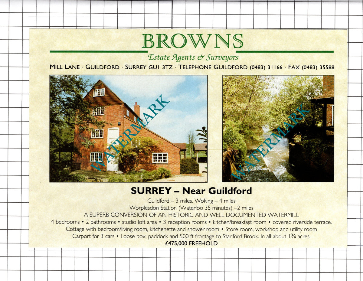 Guildford Surrey Watermill House Sale Advert- 1991 Cutting