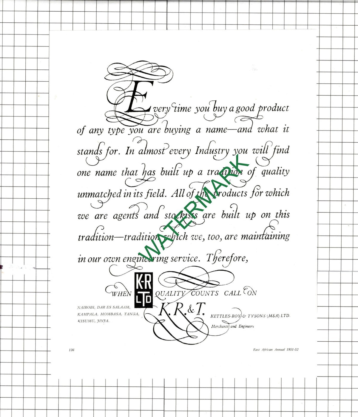 Kettles-Roy & Tysons (MSA) Ltd   K R &T Nairobi Kenya - 1951 Advert