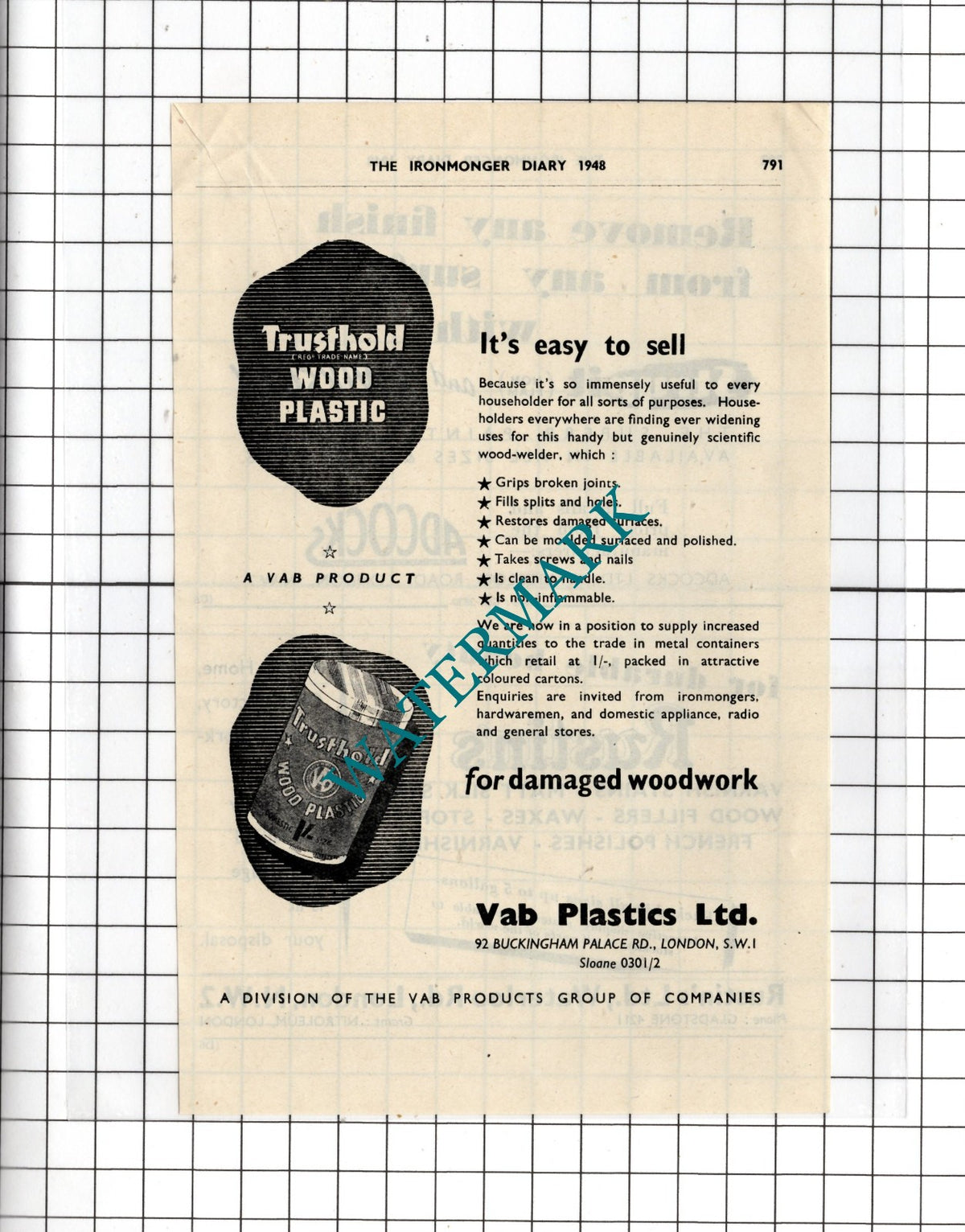 Vab Plastics Ltd London  - 1948 Small Advert