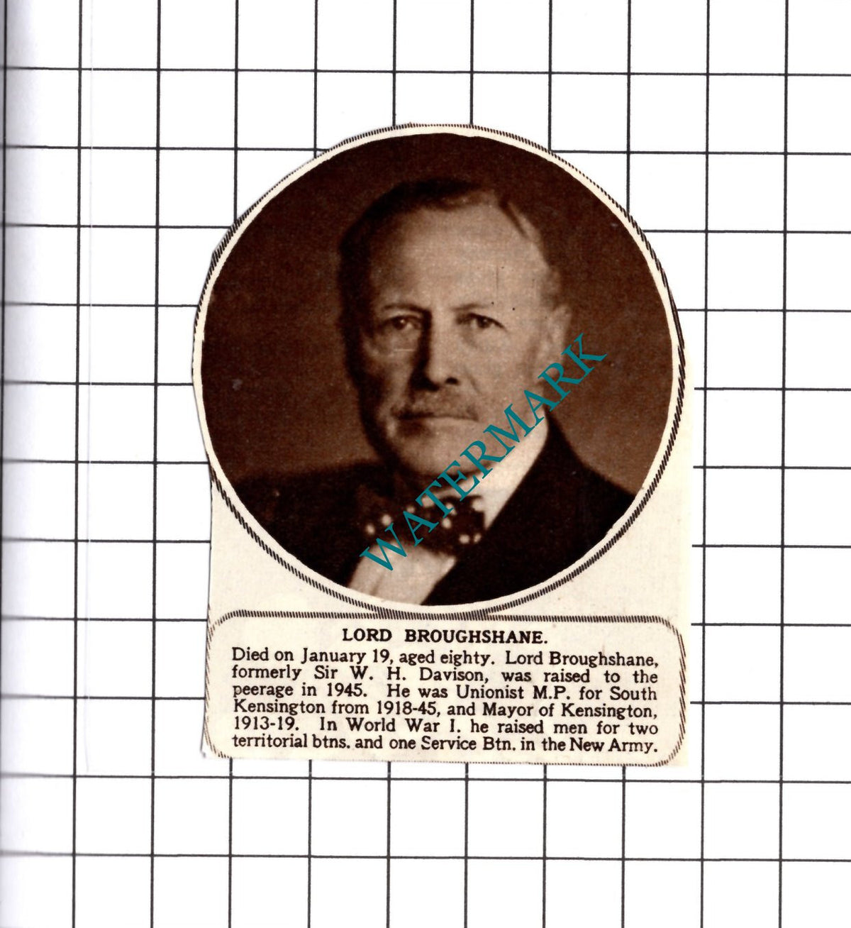 Lord Broughshane  Sir W H Davison Obituary - 1953 Small Cutting