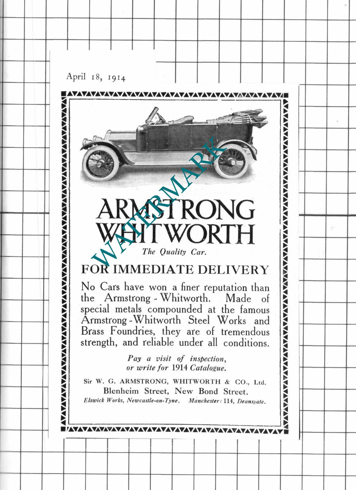 Sir WG Armstrong Whitworth & Co Armstrong Whitworth Car Advert - 1914 Clipping