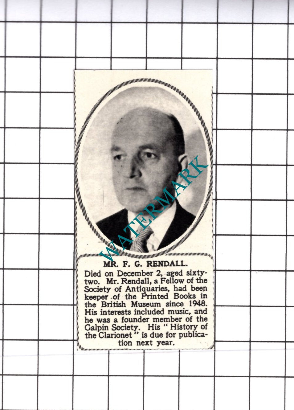 Mr F G Rendall British Museum Obituary - 1952 Small Cutting