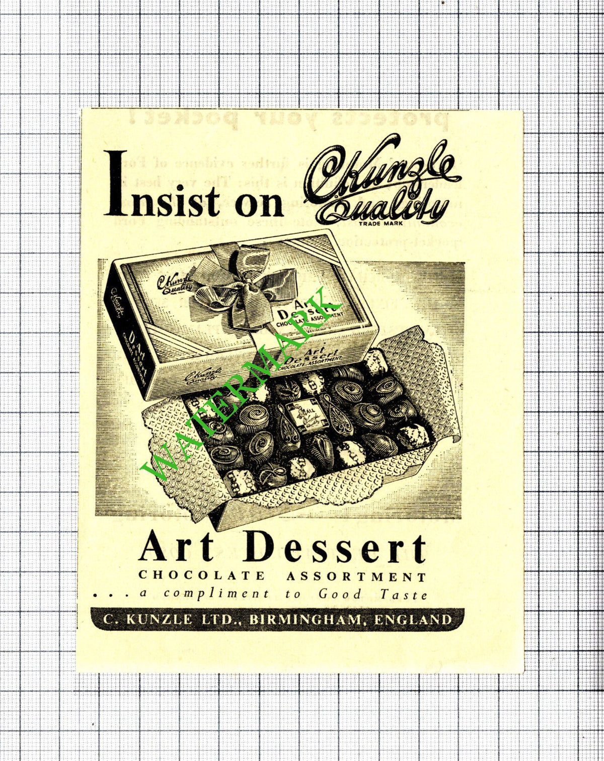 Art Dessert Chocolates C Kunzle Ltd SMALL ADVERT   - 1951 Cutting