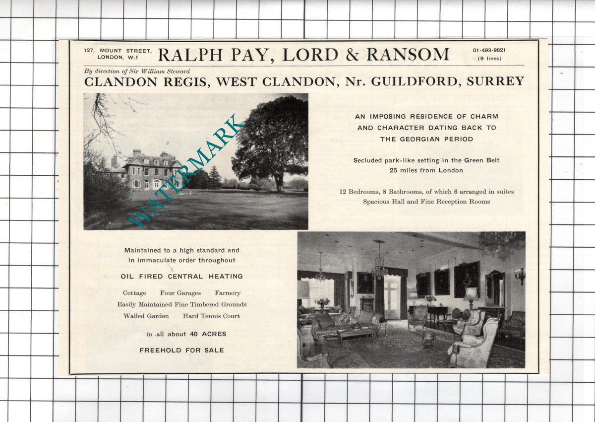 Clandon Regis West Clandon Surrey Sir William Steward House Sale Advert - 1967