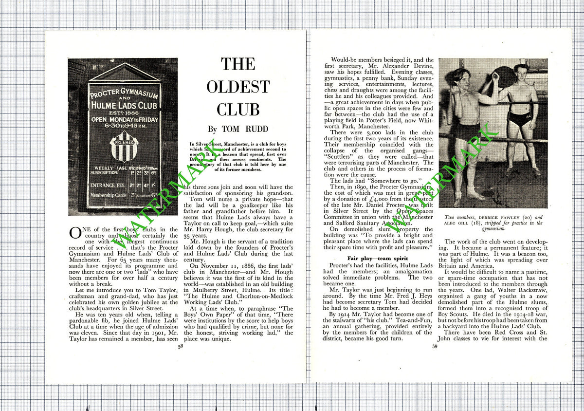 Procter Gymnasium and Hulme Lads Club Manchester Tom Taylor Hough - 1951 Article