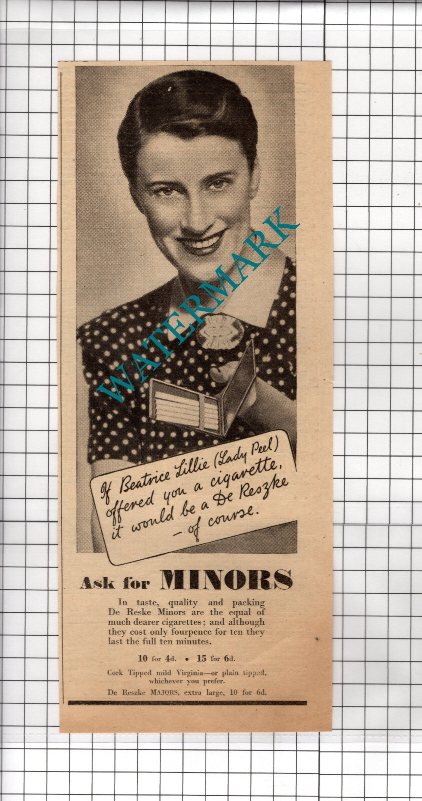 Beatrice Lillie Lady Peel  De Reszke Minors Cigarettes Advert - 1939 Cutting