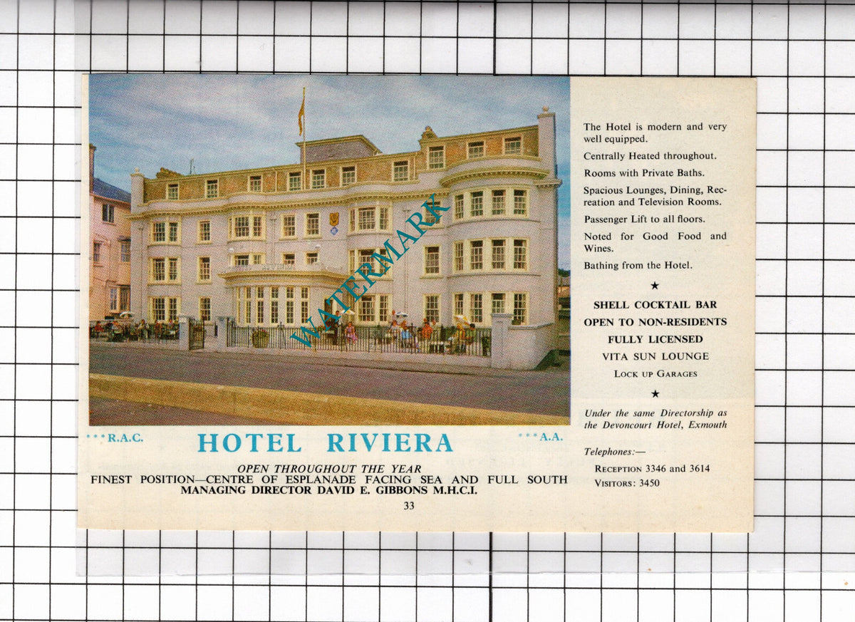 Hotel Riviera Sidmouth Devon David Gibbons / Belmont Hotel - 1968 ADVERT
