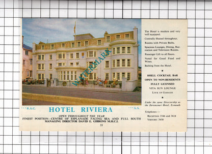 Hotel Riviera Sidmouth Devon David Gibbons / Belmont Hotel - 1968 ADVERT