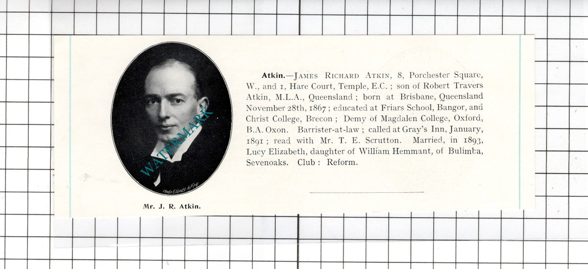 Mr James Richard Atkin Brisbane Australia -  c.1905 Clipping